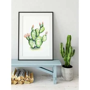 Green and Pink Flowering Prickly Pear Cactus Watercolor Wall Art 11x14 UNFRAMED Print - Makes a Great Gift under $15 for Desert Botanical Plant Lovers