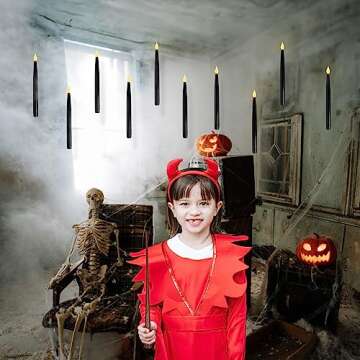 Leejec Floating Candles with Magic Wand Remote (6/18H Timer), 10pcs of 10.8" Hanging Flameless Taper Candles, Flickering Warm White LED, Halloween Decorations, Home Decor, Witch Wizard Gift (Black)