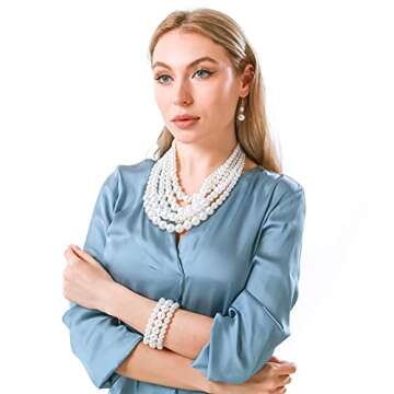 JNF Large Faux Pearl Necklaces for Women Multi strand Pearl Necklace Bracelet and Earrings Set Costu...