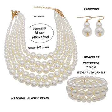 JNF Large Faux Pearl Necklaces for Women Multi strand Pearl Necklace Bracelet and Earrings Set Costume Pearls Necklace Jewelry Ladies (White)