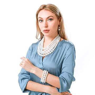 JNF Large Faux Pearl Necklaces for Women Multi strand Pearl Necklace Bracelet and Earrings Set Costume Pearls Necklace Jewelry Ladies (White)