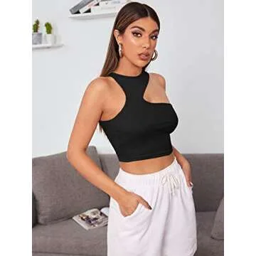 Verdusa Women's Asymmetrical Neck Sleeveless Slim Fitted Ribbed Crop Tank Top Black M