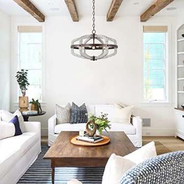White Wood Farmhouse Chandeliers for Dining Room, 6-Light French Country Distressed Coastal Pendant Light Rustic Lighting Fixtures Hanging Ceiling Kitchen Island Foyer Entryway Living Room Bedroom