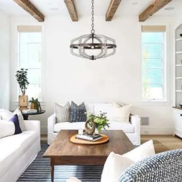 White Wood Farmhouse Chandeliers for Dining Room, 6-Light French Country Distressed Coastal Pendant Light Rustic Lighting Fixtures Hanging Ceiling Kitchen Island Foyer Entryway Living Room Bedroom
