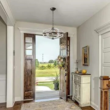 White Wood Farmhouse Chandeliers for Dining Room, 6-Light French Country Distressed Coastal Pendant Light Rustic Lighting Fixtures Hanging Ceiling Kitchen Island Foyer Entryway Living Room Bedroom