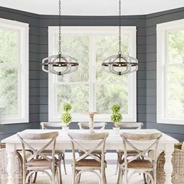 White Wood Farmhouse Chandeliers for Dining Room, 6-Light French Country Distressed Coastal Pendant Light Rustic Lighting Fixtures Hanging Ceiling Kitchen Island Foyer Entryway Living Room Bedroom