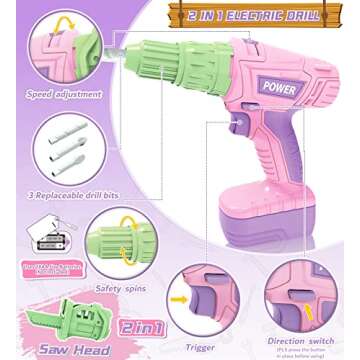 Kids Tool Set, Toddler Tool Set with Electric Toy Drill Tool Box Pretend Play Construction Toy Tools for Girls, Preschool Pink Tools Toy Gifts for Girls Toddlers Kids Aged 3+
