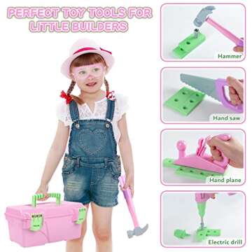 Kids Tool Set, Toddler Tool Set with Electric Toy Drill Tool Box Pretend Play Construction Toy Tools for Girls, Preschool Pink Tools Toy Gifts for Girls Toddlers Kids Aged 3+