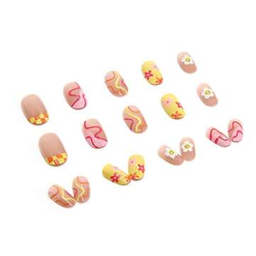 24 Pcs Flower Press on Nails Short, Almond French Tips Fake Nails Short Glue on Nails, Sun Flower Fa...