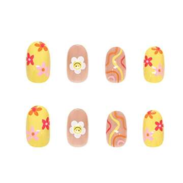 24 Pcs Flower Press on Nails Short, Almond French Tips Fake Nails Short Glue on Nails, Sun Flower False Nails with Glue Stickers, Cute Acrylic Nails Short for Women and Girls