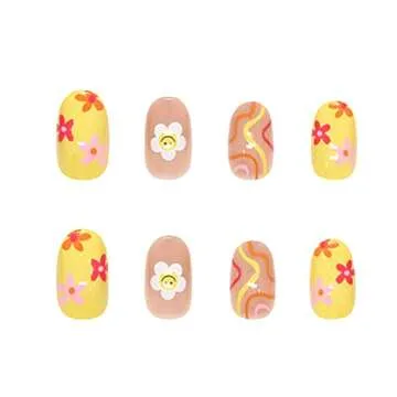 24 Pcs Flower Press on Nails Short, Almond French Tips Fake Nails Short Glue on Nails, Sun Flower False Nails with Glue Stickers, Cute Acrylic Nails Short for Women and Girls