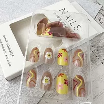 24 Pcs Flower Press on Nails Short, Almond French Tips Fake Nails Short Glue on Nails, Sun Flower False Nails with Glue Stickers, Cute Acrylic Nails Short for Women and Girls