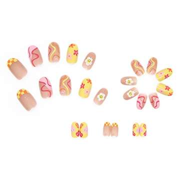 24 Pcs Flower Press on Nails Short, Almond French Tips Fake Nails Short Glue on Nails, Sun Flower False Nails with Glue Stickers, Cute Acrylic Nails Short for Women and Girls