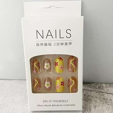 24 Pcs Flower Press on Nails Short, Almond French Tips Fake Nails Short Glue on Nails, Sun Flower False Nails with Glue Stickers, Cute Acrylic Nails Short for Women and Girls
