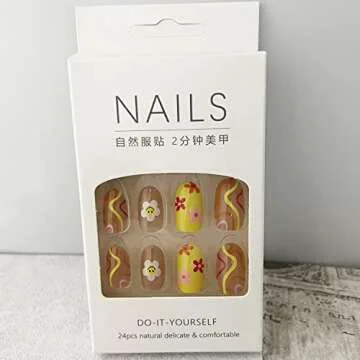 24 Pcs Flower Press on Nails Short, Almond French Tips Fake Nails Short Glue on Nails, Sun Flower False Nails with Glue Stickers, Cute Acrylic Nails Short for Women and Girls