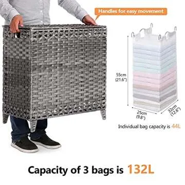 Elegant Laundry Hamper with 3 Removable Bags and Lid