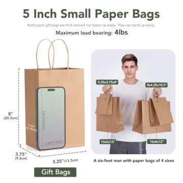 GSSUSA 100 Pack Paper Gift Bags 5.25x3.75x8'' Small Paper Bags with Handles Bulk, Brown Kraft Paper ...
