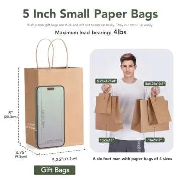 GSSUSA 100 Pack Paper Gift Bags 5.25x3.75x8'' Small Paper Bags with Handles Bulk, Brown Kraft Paper ...
