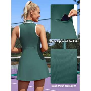 ATTRACO Womens Golf Dress Sleeveless Tennis Dress Zip Up Dress Sporty Dress with Shorts Underneath Green Small