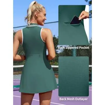 ATTRACO Womens Golf Dress Sleeveless Tennis Dress Zip Up Dress Sporty Dress with Shorts Underneath Green Small