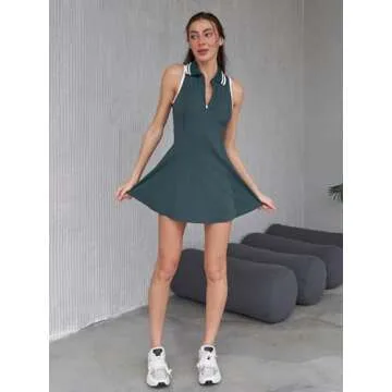 ATTRACO Womens Golf Dress Sleeveless Tennis Dress Zip Up Dress Sporty Dress with Shorts Underneath Green Small