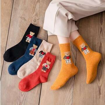Meloday Bear Embroidery Cute Women's Crew Socks Soft Cotton - 5 pairs per pack