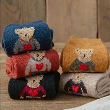 Meloday Bear Embroidery Cute Women's Crew Socks Soft Cotton - 5 pairs per pack