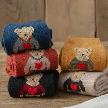 Meloday Bear Embroidery Cute Women's Crew Socks Soft Cotton - 5 pairs per pack