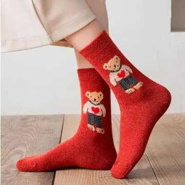 Meloday Bear Embroidery Cute Women's Crew Socks Soft Cotton - 5 pairs per pack