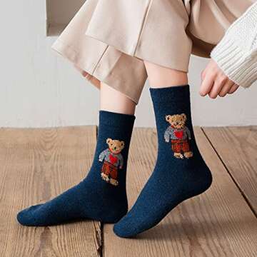 Meloday Bear Embroidery Cute Women's Crew Socks Soft Cotton - 5 pairs per pack