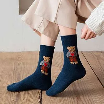 Meloday Bear Embroidery Cute Women's Crew Socks Soft Cotton - 5 pairs per pack
