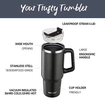 WAPEST 40 oz Tumbler with Handle and Straw - Insulated Travel Coffee Mug - Reusable Stainless Steel Insulated Water Bottle - Keeps Drinks Cold up to 36 Hours, BPA Free - 40 oz, Black