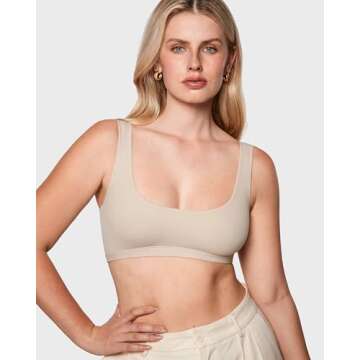 INLYRIC Women's Inbarely Soft Bralettes Scoop Neck Seamless Unlined Comfortable Double Layer Bralette Flax Beige Medium