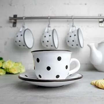 City to Cottage Handmade White And Black Polka Dot Ceramic 8.4oz/250ml | Cappuccino, Coffee, Tea Cup...