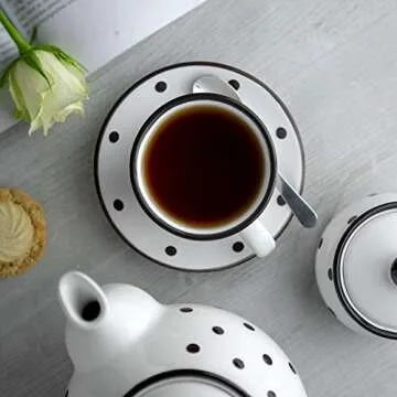 City to Cottage Handmade White And Black Polka Dot Ceramic 8.4oz/250ml | Cappuccino, Coffee, Tea Cup and Saucer, Unique Designer Pottery for Tea Lovers