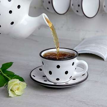 City to Cottage Handmade White And Black Polka Dot Ceramic 8.4oz/250ml | Cappuccino, Coffee, Tea Cup and Saucer, Unique Designer Pottery for Tea Lovers