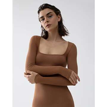 PUMIEY Long Sleeve Dress for Women Maxi Dress Bodycon Dresses for Women Long Fall Dresses Brown Dress Caramel Large