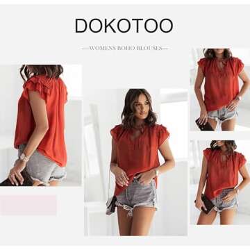 Dokotoo Summer Blouses for Women Casual V Neck Flowy Ruffle T Shirts Work Bohemian Tops Shirts 2024 Fashion Small Red