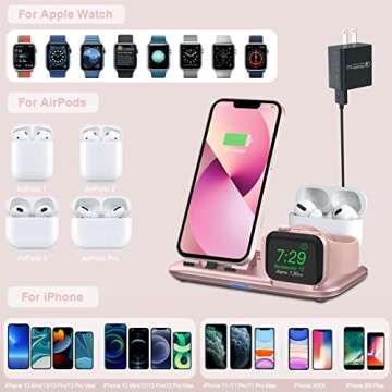OLEBR 3 in 1 Charging Station for Multiple Devices Apple Bedside Charging Stand for iPhone and Apple Watch 7/6/SE/5/4/3/2/1 Charging Dock for AirPods Pro/3/2/1 (with 12W Fast Charger) Rose Gold