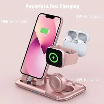 OLEBR 3 in 1 Charging Station for Multiple Devices Apple Bedside Charging Stand for iPhone and Apple Watch 7/6/SE/5/4/3/2/1 Charging Dock for AirPods Pro/3/2/1 (with 12W Fast Charger) Rose Gold