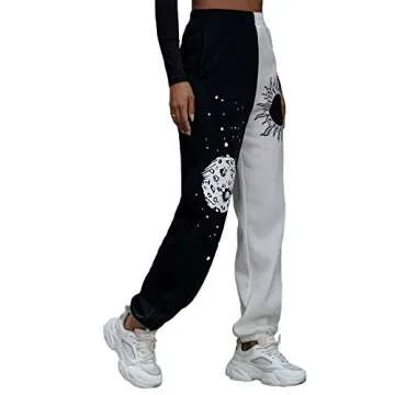 SOLY HUX Women's Graphic Letter Print Elastic Waist Sweatpants Color Block Cozy Running Joggers Pants Black White Sun M