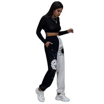 SOLY HUX Women's Graphic Letter Print Elastic Waist Sweatpants Color Block Cozy Running Joggers Pants Black White Sun M