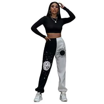 SOLY HUX Women's Graphic Letter Print Elastic Waist Sweatpants Color Block Cozy Running Joggers Pants Black White Sun M