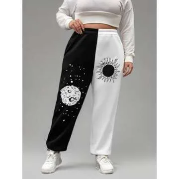 SOLY HUX Women's Graphic Letter Print Elastic Waist Sweatpants Color Block Cozy Running Joggers Pants Black White Sun M