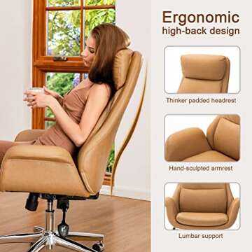 Glitzhome Adjustable High-Back Office Chair Executive Swivel Chair PU Leather Desk Chair, Camel