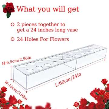 2Pcs Acrylic Flower Vase Rectangular Clear Acrylic Modern Vases- Total 24 Inches Long Rectangular Floral Centerpiece Low Decoration Vase for Dining Table Halloween Party Decor Wedding（24Holes）