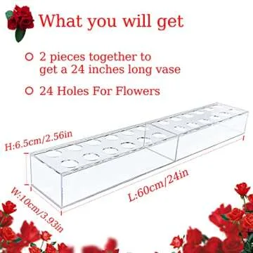 2Pcs Acrylic Flower Vase Rectangular Clear Acrylic Modern Vases- Total 24 Inches Long Rectangular Floral Centerpiece Low Decoration Vase for Dining Table Halloween Party Decor Wedding（24Holes）
