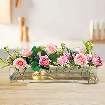 2Pcs Acrylic Flower Vase Rectangular Clear Acrylic Modern Vases- Total 24 Inches Long Rectangular Floral Centerpiece Low Decoration Vase for Dining Table Halloween Party Decor Wedding（24Holes）
