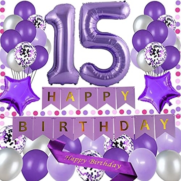 Yujiaonly 15th Birthday Party Decorations - Purple Balloons, Banner & Sash