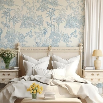 RollsRolla Toile Wallpaper Blue and White Peel and Stick Wallpaper Accent Wall French Chinoiserie St...